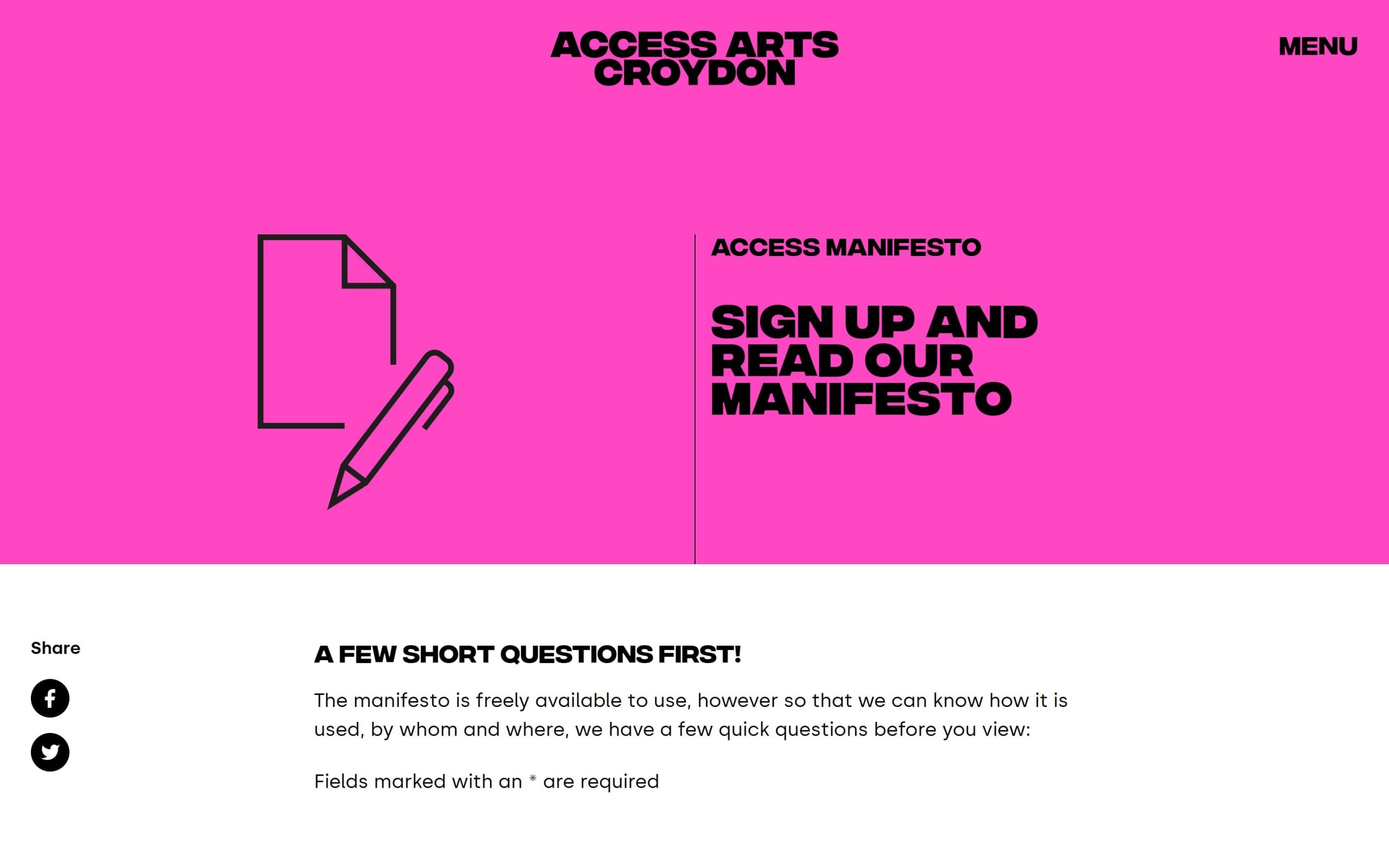 Access Arts Croydon manifesto page: "Sign up and read our manifesto" on pink, with a short questionnaire