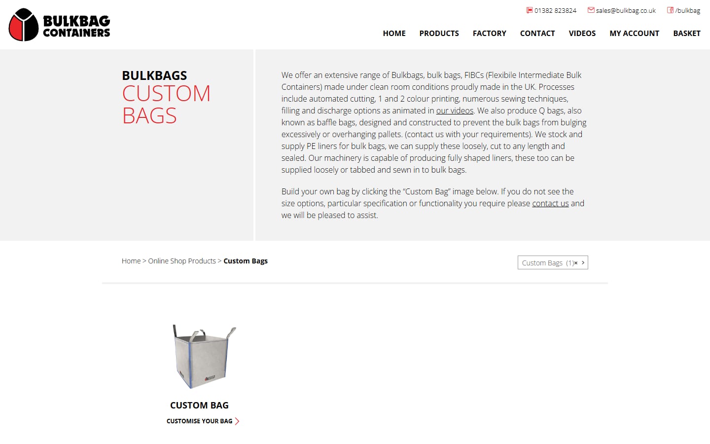 Bulkbag Containers Custom Bags page, with an introduction and a link to customise a bag