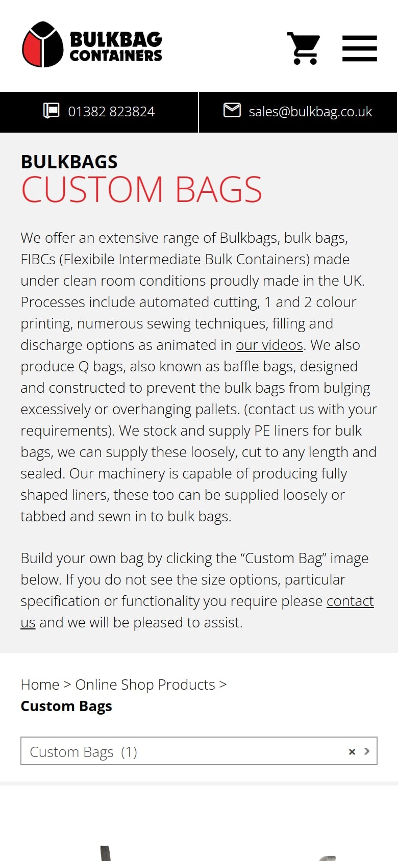 The Bulkbag Containers Custom Bags page on a phone