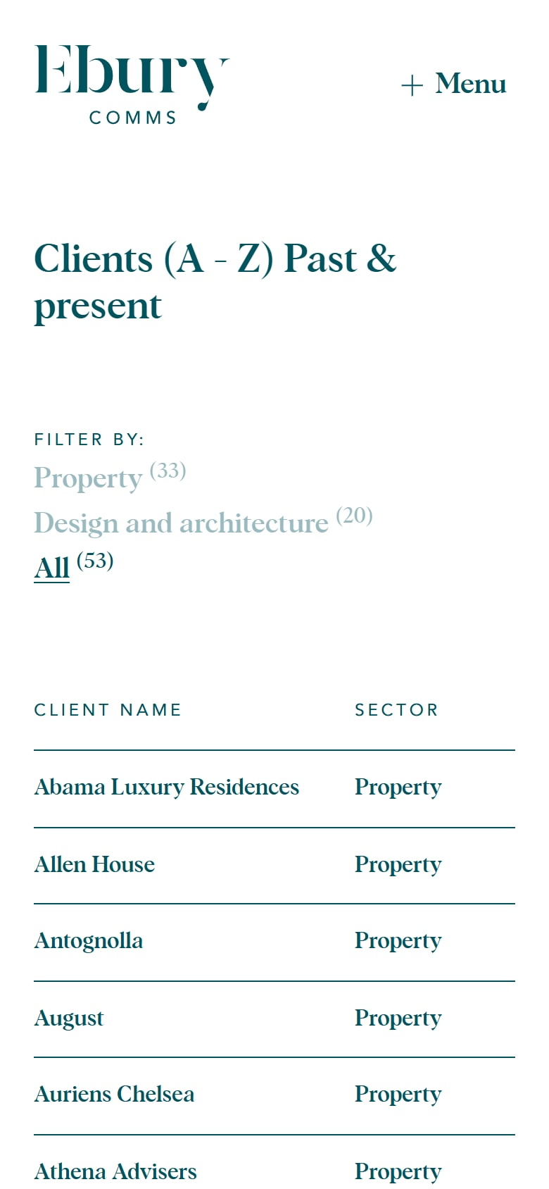 The Ebury Comms Clients page on a phone