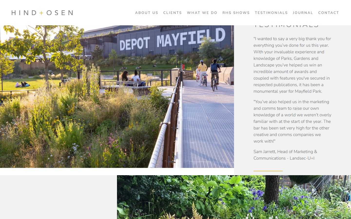 Hind & Osen homepage testimonial from Landsec-U+I beside a photo of Mayfield Park