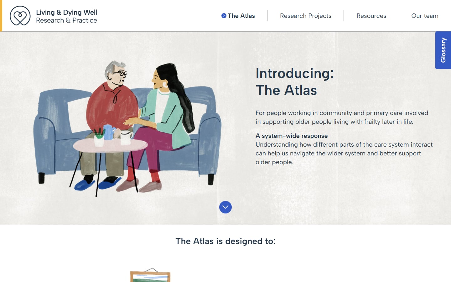 Living & Dying Well: Introducing The Atlas, with an illustration of a carer and an older woman on a sofa