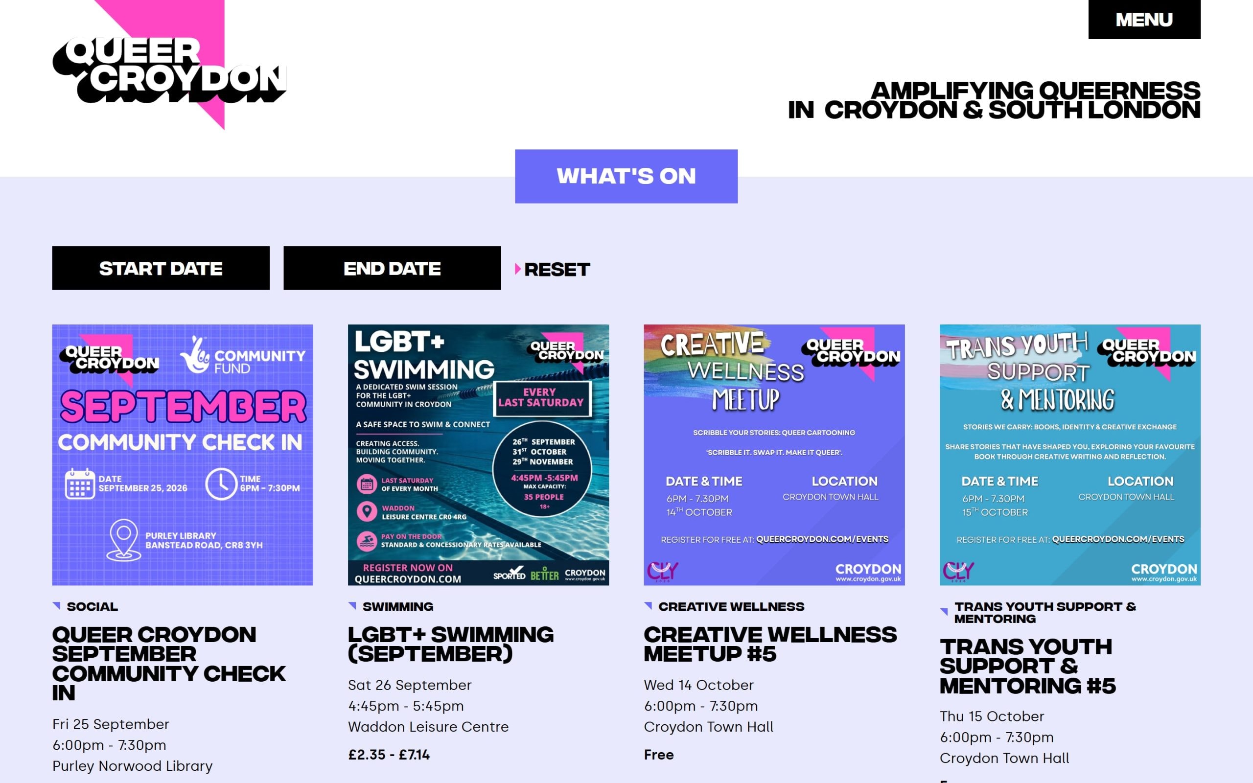 Queer Croydon What's On page with start and end date filters and event cards