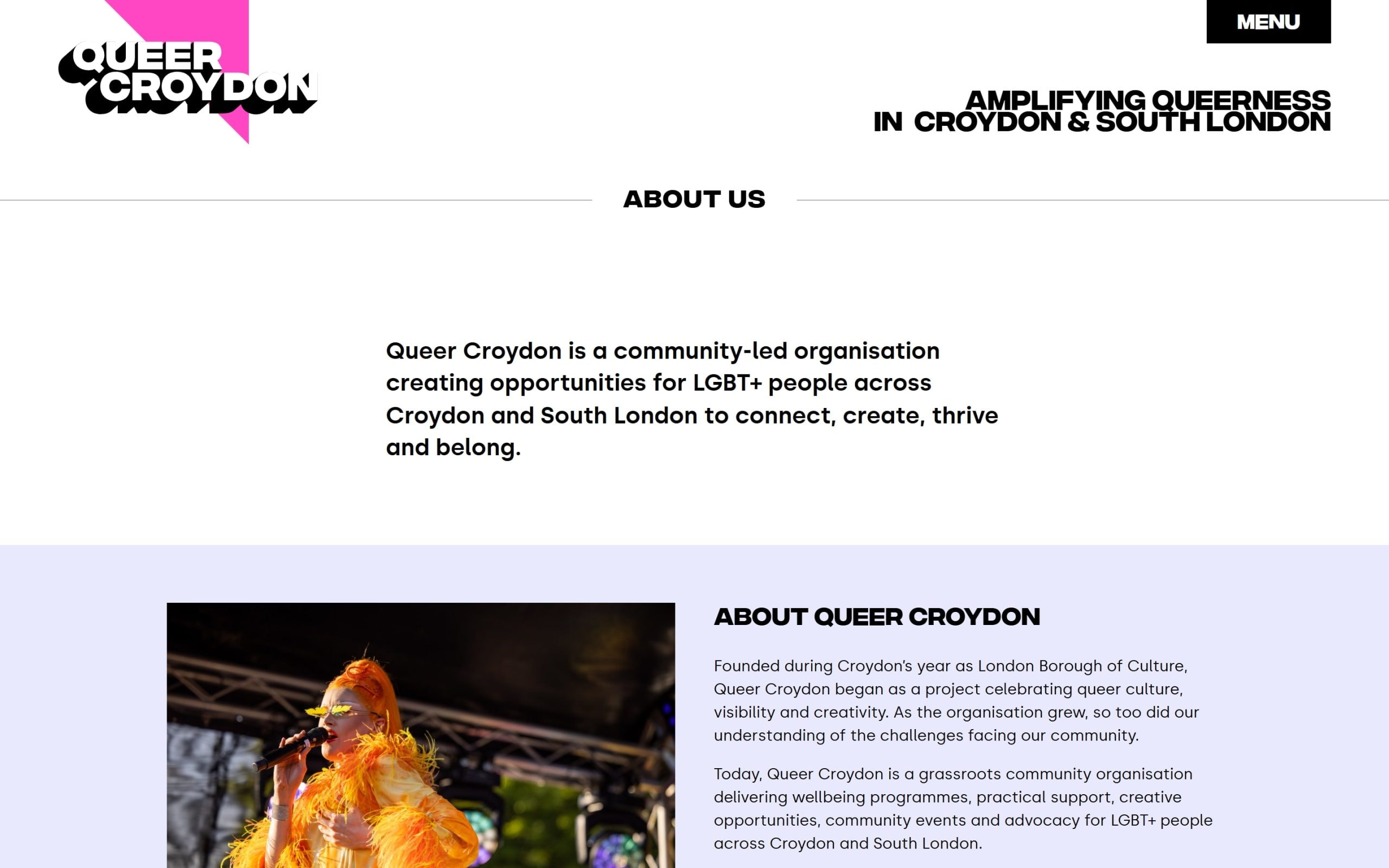 Queer Croydon About Us page, with the organisation's story beside a photo from an event