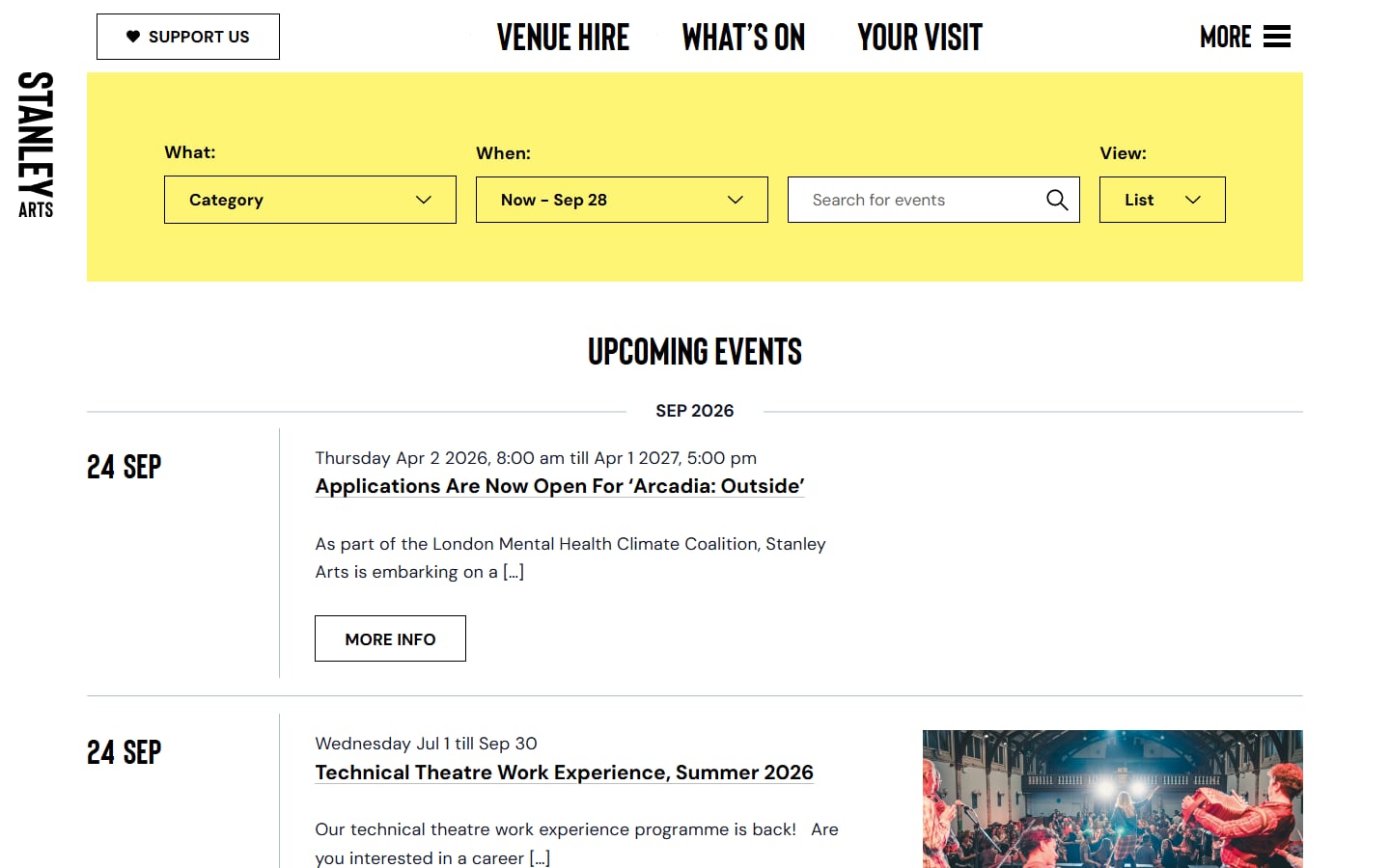 Stanley Arts What's on page, with category, date and search filters above a list of upcoming events