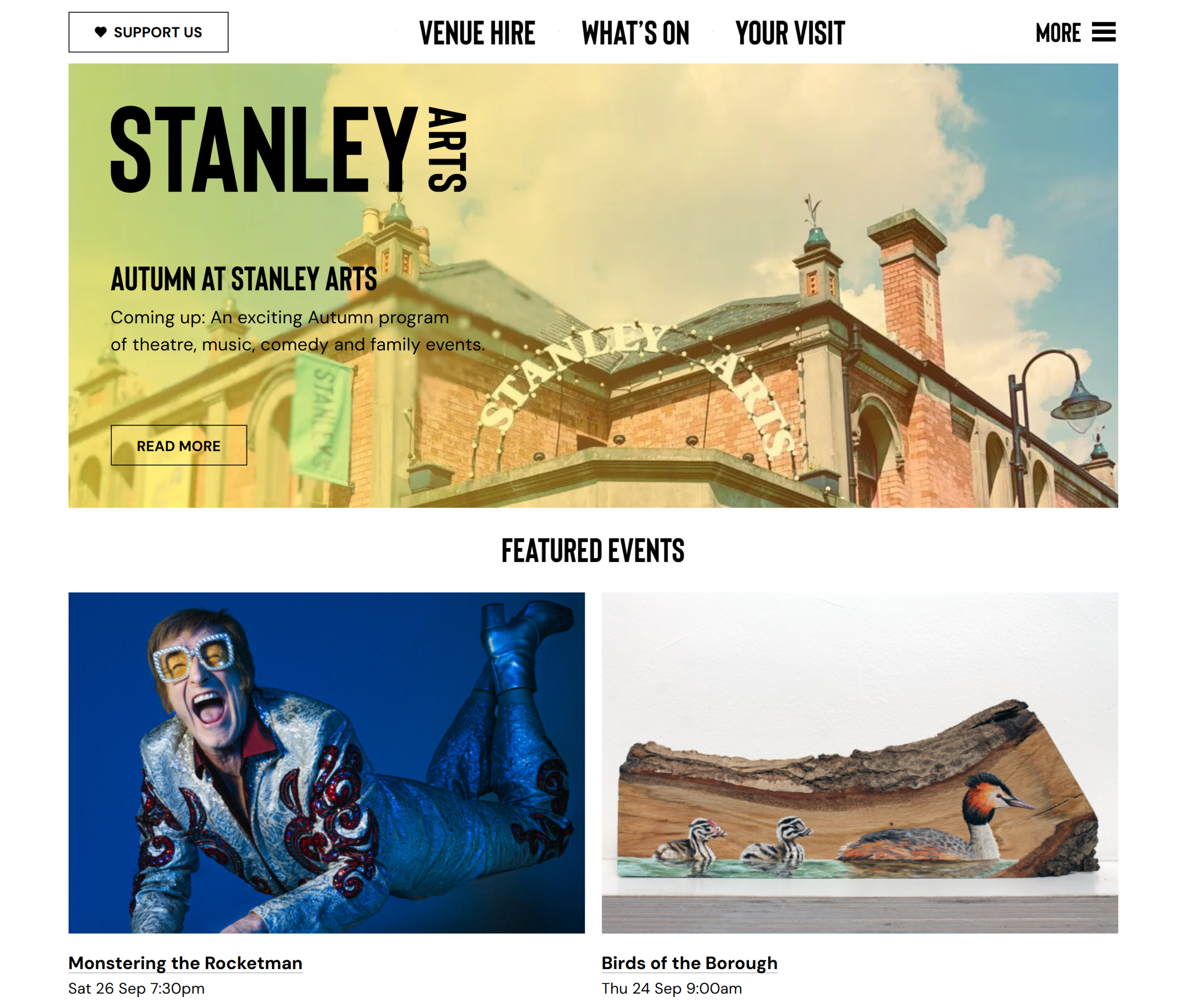 Stanley Arts homepage: the autumn season banner over the building, with featured events below.